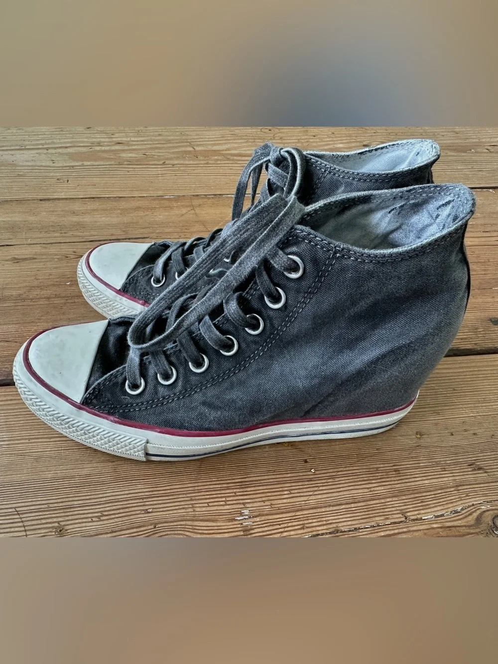 Converse  Distressed high heel Gray High Top Sneakers with Red Trim